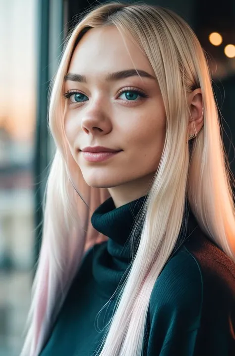 detailed and realistic portrait of beautiful (Alice01-100), sexy, 25yo, blonde_hair, blue_eyes, long_hair, closed_mouth, lips, smile, jewelry, wearing a black sweater turtleneck, looking_at_viewer, shot outside, soft natural lighting, portrait photography,...