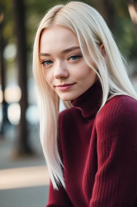 detailed and realistic portrait of beautiful (Alice01-100), sexy, 25yo, blonde_hair, blue_eyes, long_hair, closed_mouth, lips, smile, jewelry, wearing a black sweater turtleneck, looking_at_viewer, shot outside, soft natural lighting, portrait photography,...