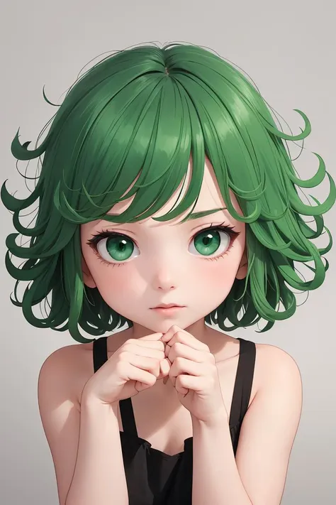 a close up of a person with green hair and green eyes