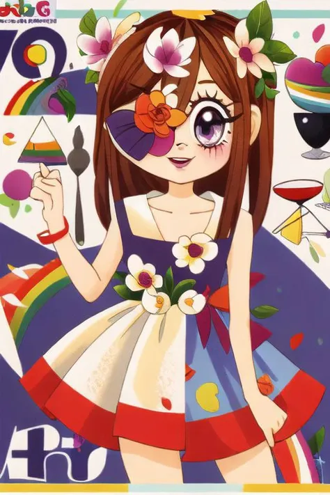 a cartoon girl with a flower in her hair holding a spoon and fork