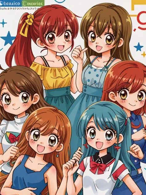 a group of anime girls with long hair and blue dresses