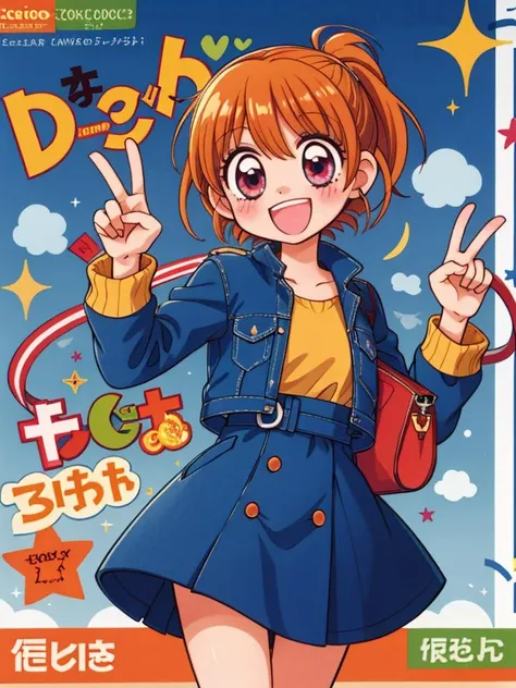 a girl in a blue skirt and jacket holding up a peace sign