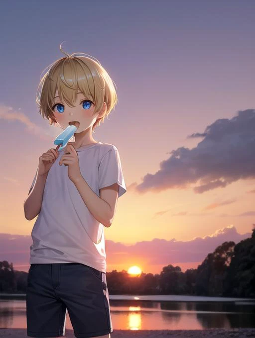 best quality, masterpiece, highres, detailed, perfect anatomy,  <lora:Detail - add_detail:0.2>, EatingPopIce, <lyco:Action - EatingPopIce:0.8>, blue popsicle, 1boy, happy, short hair, blonde hair, outdoors, sunset,