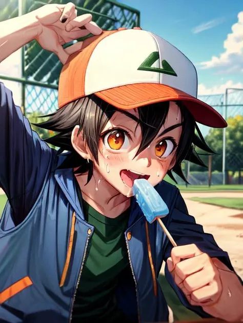 best quality, masterpiece, highres, detailed, perfect anatomy,  <lora:Detail - add_detail:0.2>, EatingPopIce, <lyco:Action - EatingPopIce:0.8>, orange popsicle, OGAshK, brown eyes, spiked hair, black hair, hat, baseball cap, blue jacket, green shirt, outdo...