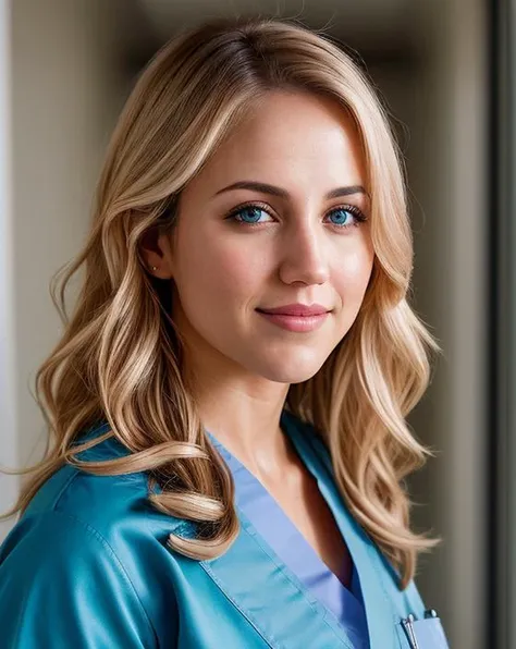 beautiful woman (blonde Dan4Br3m5-140:.99), (a doctor:1.2), (portrait:1.2), elegant, (wearing scrubs and a lab coat:1.4) , hair blowing in wind, wind lift, natural skin texture, (hospital hallway), sunset, cute smile, 24mm, 4k textures, soft cinematic ligh...