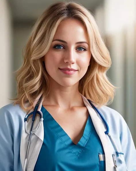 beautiful woman (blonde Dan4Br3m5-140:.99), (a doctor:1.2), (portrait:1.2), elegant, (wearing scrubs and a lab coat:1.4) , hair blowing in wind, wind lift, natural skin texture, (hospital hallway), sunset, cute smile, 24mm, 4k textures, soft cinematic ligh...