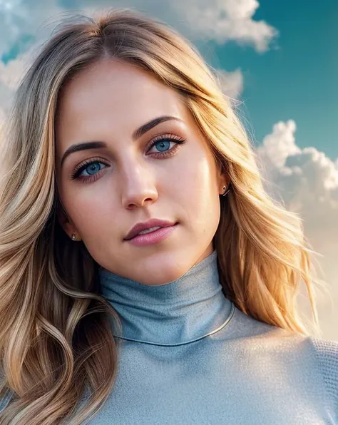 beautiful woman (blonde Dan4Br3m5-140:.99), beautiful hair, elegant,  ((portrait)), (closeup:1.1), ((from the waist up)), (sunlit city:1.2), (at noon, small clouds:1.5)  hair blowing in wind, wind lift, natural skin texture, ((turtleneck leotard  with span...