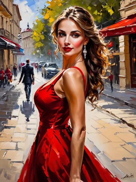 impressionist painting art by andrew atroshenko, sexy beautiful girl in a long red dress on the streets of Chisinau - Moldova, (close portrait:1.3), (Feminine:1.4), (beautiful:1.4), (attractive:1.3), handsome, perfectly detailed eyes, upper body view, brea...