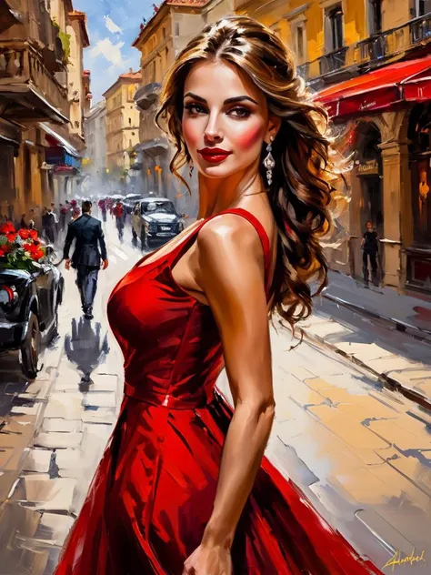 impressionist painting art by andrew atroshenko, sexy beautiful girl in a long red dress on the streets of Bucharest - Romania, (close portrait:1.3), (Feminine:1.4), (beautiful:1.4), (attractive:1.3), handsome, perfectly detailed eyes, upper body view, bre...