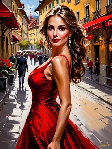 impressionist painting art by andrew atroshenko, sexy beautiful girl in a long red dress on the streets of Bern - Switzerland, (close portrait:1.3), (Feminine:1.4), (beautiful:1.4), (attractive:1.3), handsome, perfectly detailed eyes, upper body view, brea...