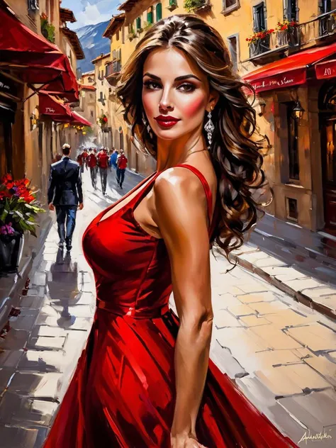 impressionist painting art by andrew atroshenko, sexy beautiful girl in a long red dress on the streets of Andorra la Vella - Andorra, (close portrait:1.3), (Feminine:1.4), (beautiful:1.4), (attractive:1.3), handsome, perfectly detailed eyes, upper body vi...