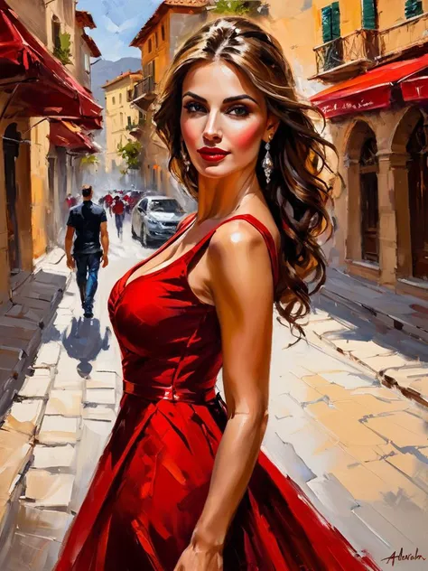 impressionist painting art by andrew atroshenko, sexy beautiful girl in a long red dress on the streets of Podgorica - Montenegro, (close portrait:1.3), (Feminine:1.4), (beautiful:1.4), (attractive:1.3), handsome, perfectly detailed eyes, upper body view, ...