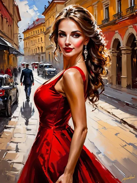 impressionist painting art by andrew atroshenko, sexy beautiful girl in a long red dress on the streets of Minsk - Belarus, (close portrait:1.3), (Feminine:1.4), (beautiful:1.4), (attractive:1.3), handsome, perfectly detailed eyes, upper body view, breasts...