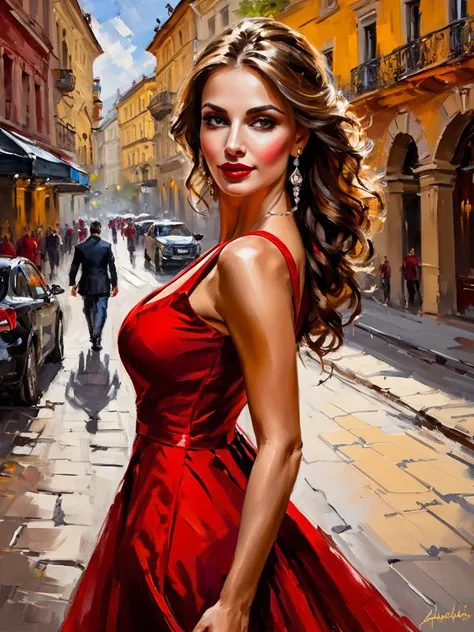 impressionist painting art by andrew atroshenko, sexy beautiful girl in a long red dress on the streets of Kyiv - Ukraine, (close portrait:1.3), (Feminine:1.4), (beautiful:1.4), (attractive:1.3), handsome, perfectly detailed eyes, upper body view, breasts ...