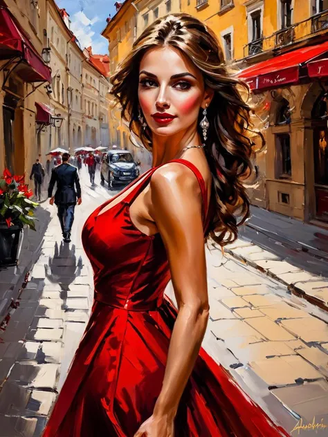 impressionist painting art by andrew atroshenko, sexy beautiful girl in a long red dress on the streets of Bratislava - Slovakia, (close portrait:1.3), (Feminine:1.4), (beautiful:1.4), (attractive:1.3), handsome, perfectly detailed eyes, upper body view, b...