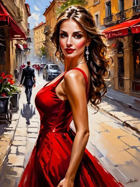 impressionist painting art by andrew atroshenko, sexy beautiful girl in a long red dress on the streets of Belgrade - Serbia, (close portrait:1.3), (Feminine:1.4), (beautiful:1.4), (attractive:1.3), handsome, perfectly detailed eyes, upper body view, breas...