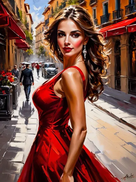 impressionist painting art by andrew atroshenko, sexy beautiful girl in a long red dress on the streets of Madrid - Spain, (close portrait:1.3), (Feminine:1.4), (beautiful:1.4), (attractive:1.3), handsome, perfectly detailed eyes, upper body view, breasts ...