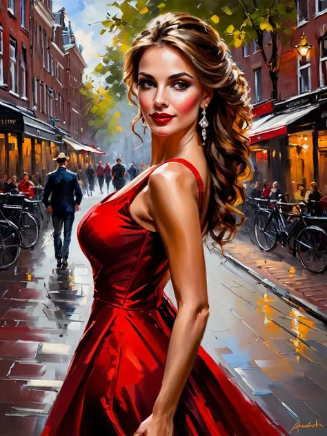 impressionist painting art by andrew atroshenko, sexy beautiful girl in a long red dress on the streets of Amsterdam - Netherlands, (close portrait:1.3), (Feminine:1.4), (beautiful:1.4), (attractive:1.3), handsome, perfectly detailed eyes, upper body view,...