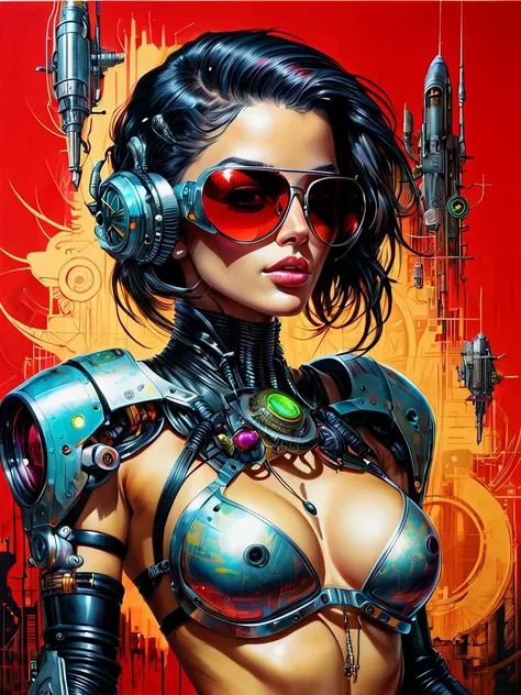 Immerse yourself in a captivating painting that explores the realm of lustful cyberpunk aesthetics. This close-up, full-color painting focuses on a squatting cyberpunk girl, exuding an alluring presence. Adorned with (sunglasses:1.2) and (high heel shoes:1...