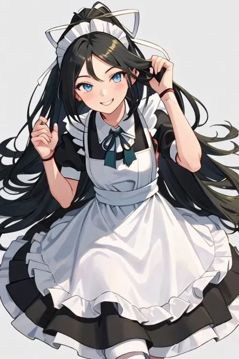 best quality, masterpiece, highres, solo, {maid:1.40}, {long maid dress:1.15}, {katsuragi_kantaicollection:1.15}, black_hair, long_hair, ribbon, hair_ribbon, blue_eyes, ponytail, white_ribbon, smile