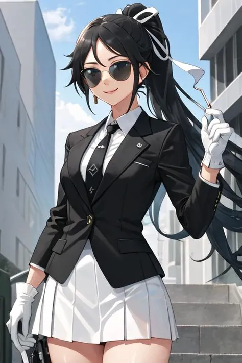 best quality, masterpiece, highres, solo, {black business suit:1.40}, {tie:1.20}, {sunglasses:1.25}, {white gloves:1.15}, {white shirt:1.10}, {black skirt:1.15}, {smoking:1.20}, handsome, {katsuragi_kantaicollection:1.15}, black_hair, long_hair, ribbon, ha...