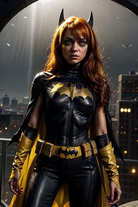 (((from below))), a petite woman with messy orange hair wearing a yellow batman mask in a burning building surrounded by fire, masterpiece, best quality, 1girl, batgirl, atmospheric scene,  (detailed beautiful face, detail skin texture, ultra-detailed body...