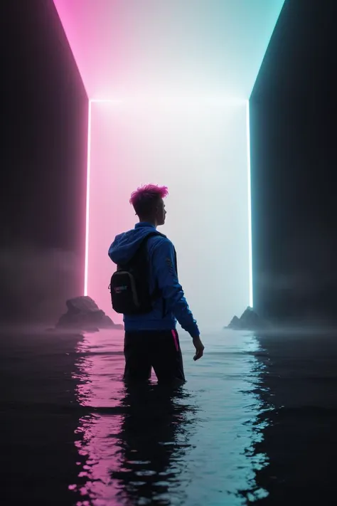 a person standing in the water with a backpack and a neon light