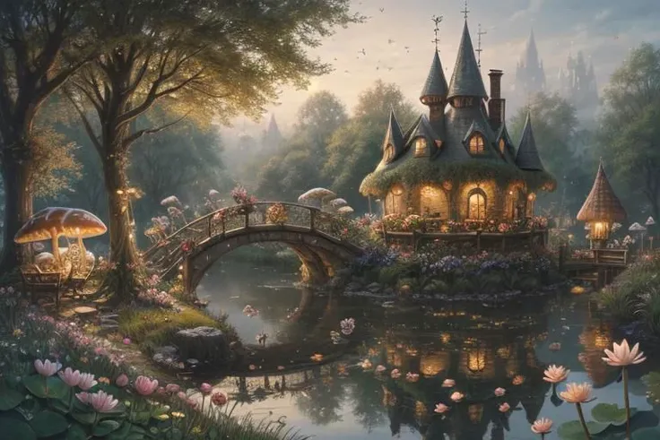 a painting of a fairy house with a bridge over a pond