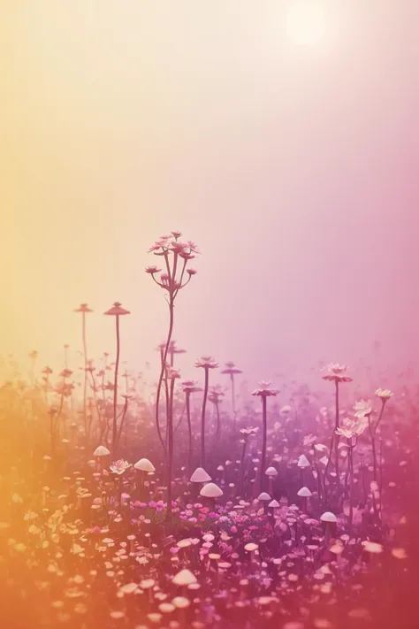 there is a field of flowers with a sun in the background