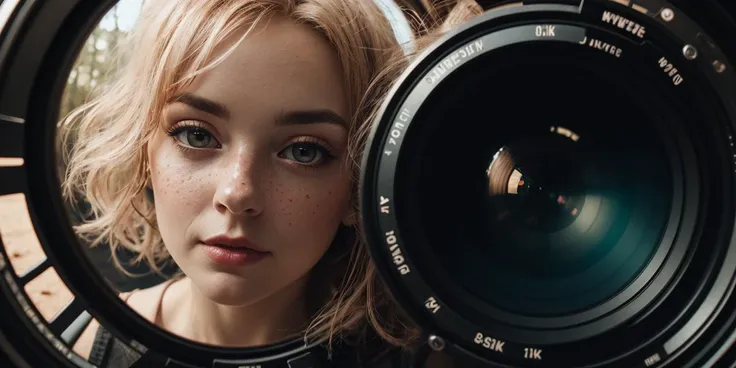 a close up of a woman holding a camera lens in front of her face