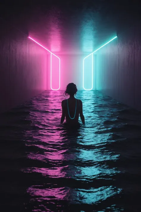 a woman in a dark room with neon lights on the walls