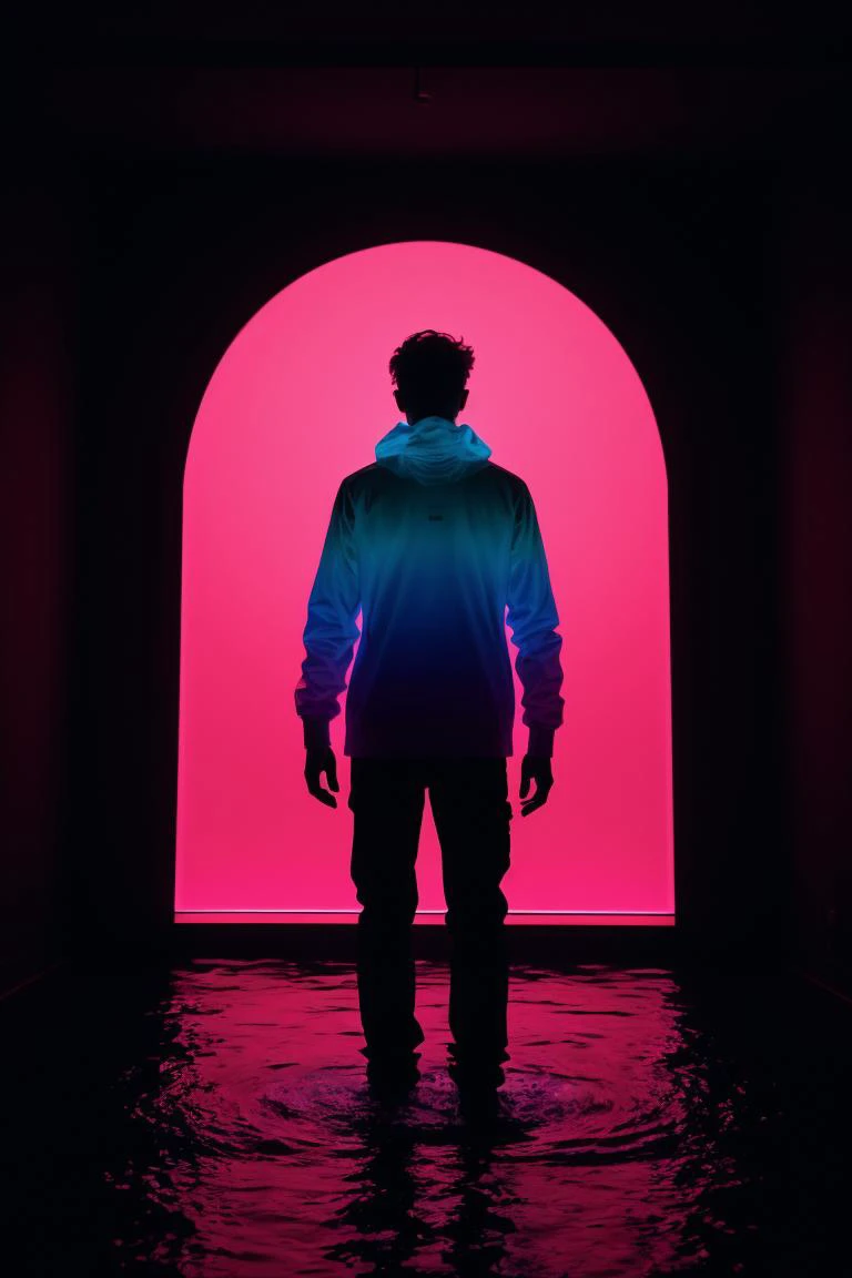 arafed man standing in a dark room with a pink light