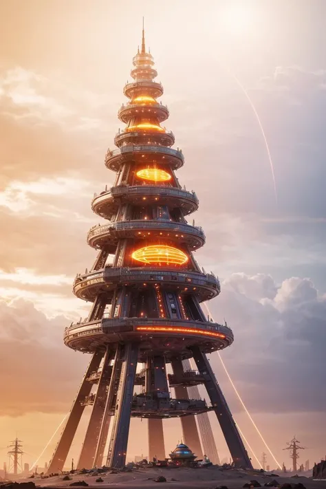 Dark alien Tower of Sauron is a towering fortress with digital circuit lines going up the structure with energy field blasting through the top to creat a dome forcefield, illuminated with red and yellow buttons, circuits, and energy coils, tron, looks like...