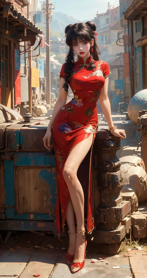 arafed woman in a red dress posing on a wall