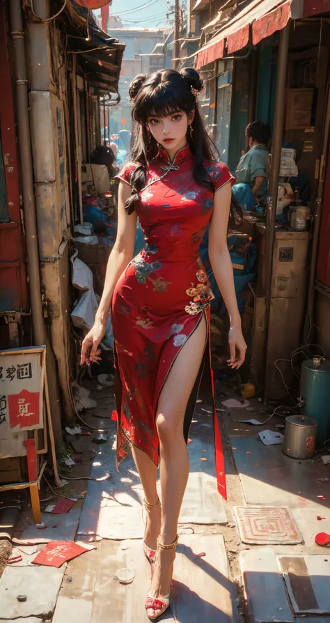 araffe woman in a red dress walking down a narrow alley