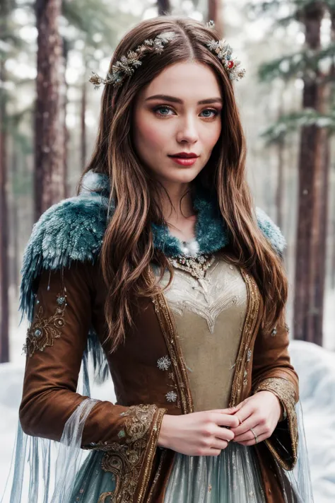 (masterpiece, best quality, extremely detailed: 1.3), nikon Z9, realistic, 85mm, RAW Photo, cowboy shot, beautiful woman, crystal-encrusted elegant dress, (magical, fantasy, winter:1.2), ornate, forest, (bokeh, shallow depth of field:1.2), dynamic angle, <...