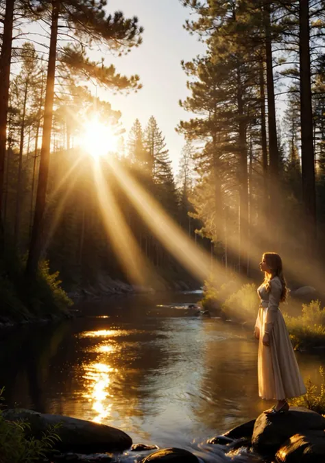 photo of a woman, river, pine trees, god rays, golden hour