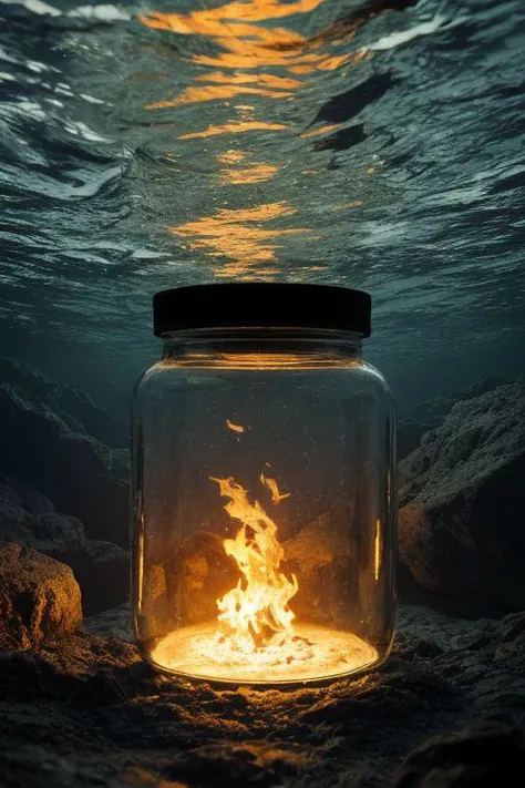 photo, high details, 8k, deep dark underwater, ocean bottom, dark rocks, jar of fire on sea bottom, lit around