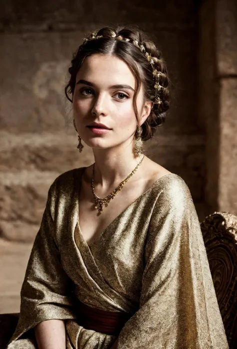 photorealistic, highest quality, RAW photo, cinematic composition, side view medium shot of a beautiful woman from ancient Roman empire sitting, (head tilted down, looking down:1.4), (faint smile, pensive look), (wearing a (long loose-fitting cloth:1.2) tu...