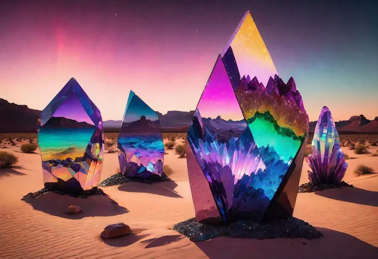 desert, glitter desert, Vapourwave, neon, sci-fi, landscape iridescent, mirrors, prism, mirrors installation, glamorous, moody, groovy, colorful, fluorite crystal, fire opal, australian opal, , glass art, Sahara,