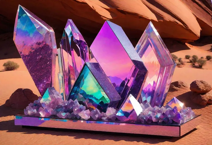 desert, glitter desert, Vapourwave, neon, sci-fi, landscape iridescent, mirrors, prism, mirrors installation, glamorous, moody, groovy, colorful, fluorite crystal, fire opal, australian opal, , glass art, Sahara,