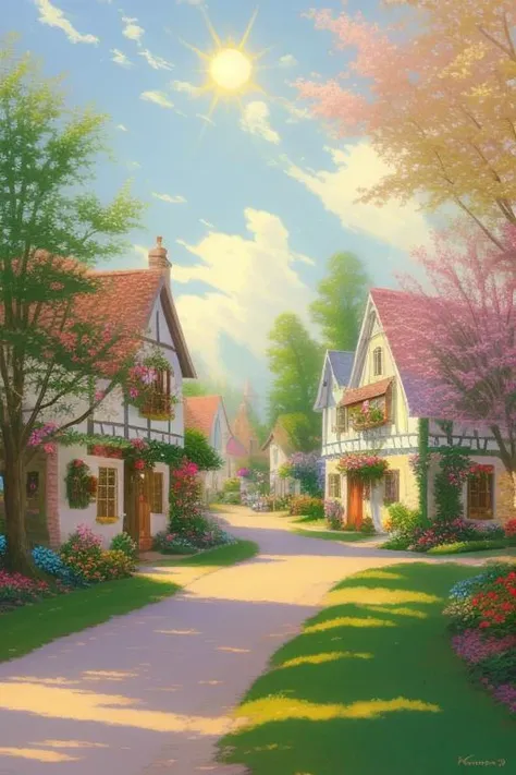 a sun-drenched easter morning in a quaint village, painted in the style of thomas kinkade.