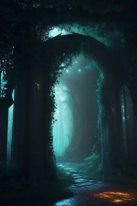 (Digital Artwork:1.3) of (Sketched:1.1) octane render of a mysterious dense forest with a large (magical:1.2) gate (portal:1.3) to the eternal kingdom, blade runner, intricate (vine:1.2), massive tree in liquid metal, realistic digital painting portrait, s...