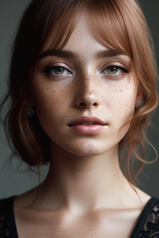 a woman with freckles and a black dress looks at the camera