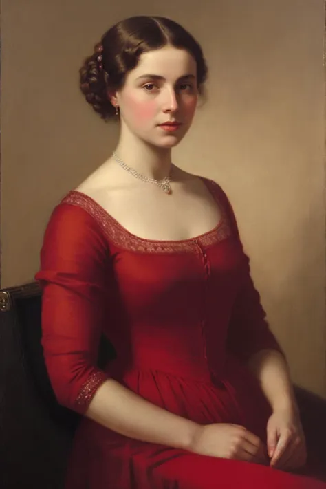 a painting of a woman in a red dress, inspired by ditlev blunck, trending on artforum, soft light, young woman in her 20s, class...