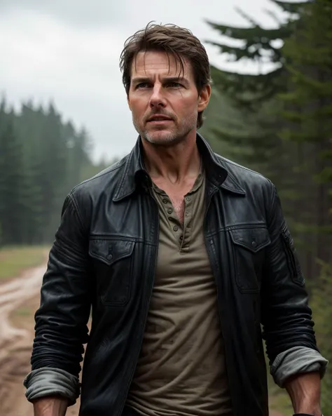 a man in a leather jacket standing on a dirt road