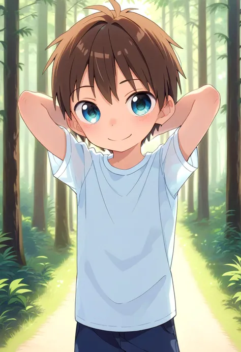 a cartoon boy with blue eyes standing in the woods