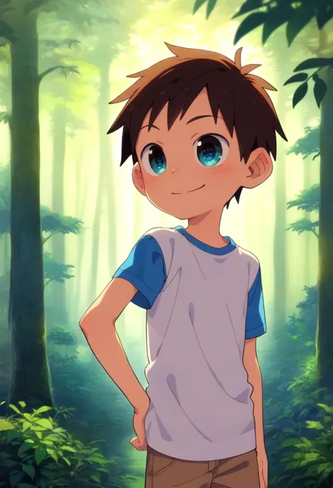 a boy standing in the woods with his hands on his hips