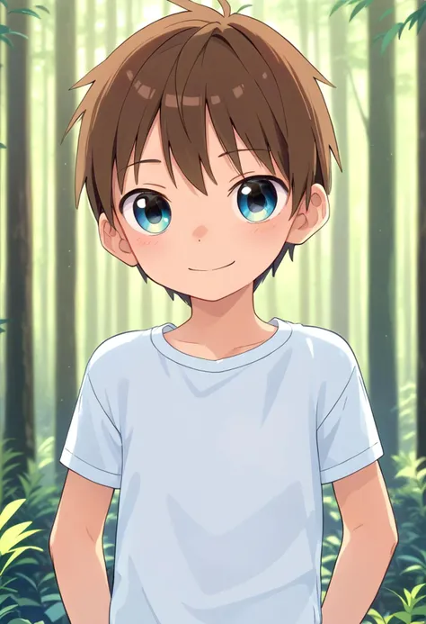 a boy with blue eyes standing in a forest