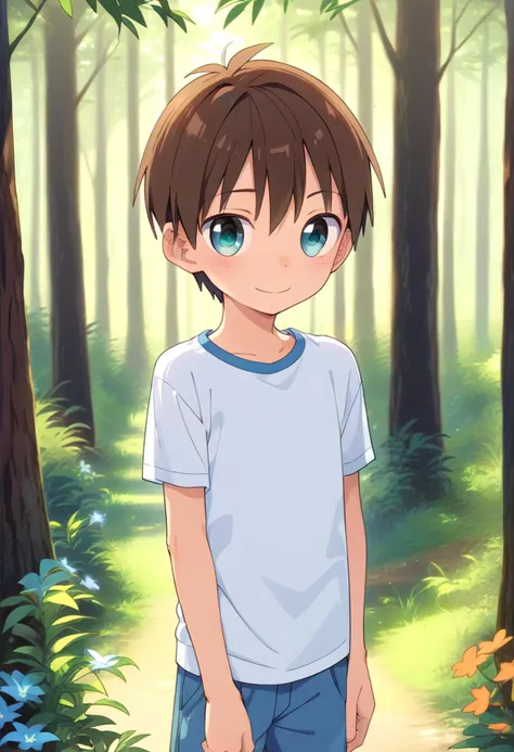 a young boy standing in the woods with a forest background